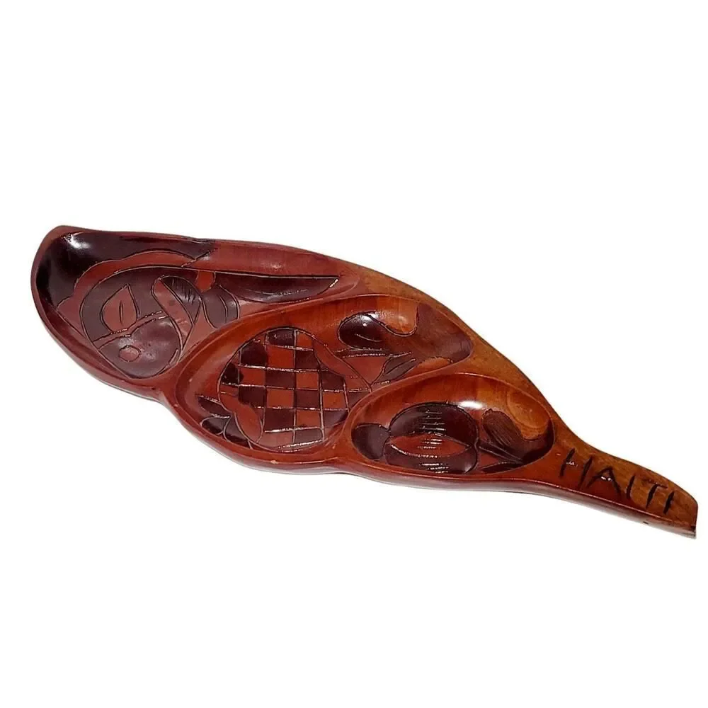 VINTAGE HAITI HAND CARVED WOOD TRAY FISH APPLE‎ TROPICAL LEAF 2 SIDED CARVING